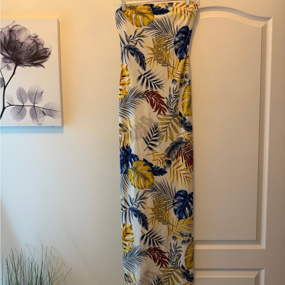 Fashion Nova Strapless Tropical Dress - Yellow, Blue, White